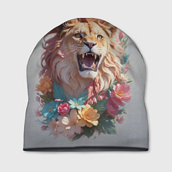 Шапка Голова льва в цветах на холсте