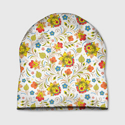 Шапка Хохломская роспись разноцветные цветы на белом фон