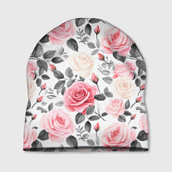 Шапка Розовые розы и серые листочки - паттерн, цвет: 3D-принт