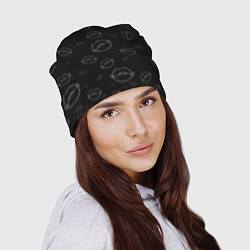 Шапка Паттерн серый контур губ на чёрном - lips black, цвет: 3D-принт — фото 2
