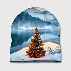Шапка Новогодняя елочка на берегу озера, цвет: 3D-принт