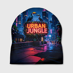 Шапка Городские здания зеленые растения и попугаи, цвет: 3D-принт