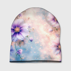 Шапка Нежный голубой цветочный с золотистым свечением, цвет: 3D-принт