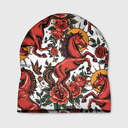 Шапка Красный конь в стиле татуировки, цвет: 3D-принт
