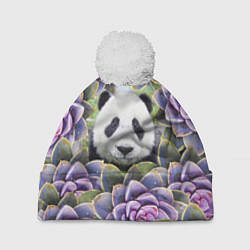 Шапка с помпоном Панда среди цветов, цвет: 3D-белый