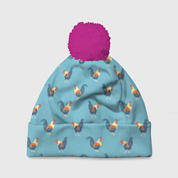 Шапка с помпоном Петушки паттерн, цвет: 3D-малиновый