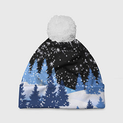 Шапка с помпоном Снежная ночь в зимнем лесу, цвет: 3D-белый