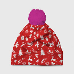 Шапка c помпоном НОВОГОДНИЙ УЗОР КРАСНО БЕЛЫЙ