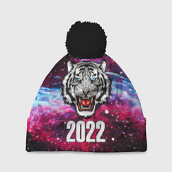 Шапка с помпоном ЧЁРНЫЙ ТИГР НОВЫЙ ГОД 2022 GRAY TIGER NEW YEAR, цвет: 3D-черный