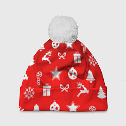 Шапка c помпоном Новогодний узор красный градиент