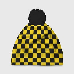 Шапка с помпоном Такси Шахматные Клетки, цвет: 3D-черный