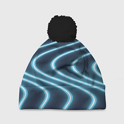 Шапка с помпоном Неоновый свет Волны голубые на темном фоне, цвет: 3D-черный