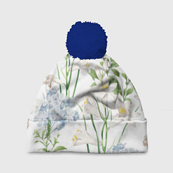 Шапка с помпоном Цветы Утонченные и Яркие, цвет: 3D-тёмно-синий
