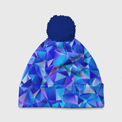 Шапка с помпоном СИНЕ-ГОЛУБЫЕ полигональные кристаллы, цвет: 3D-тёмно-синий