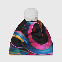 Шапка с помпоном Разноцветный мазки краски Абстракция Multicolored, цвет: 3D-белый