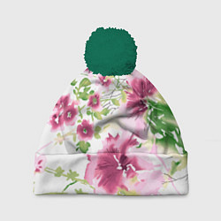 Шапка с помпоном Полевые цветы Акварель Лето, цвет: 3D-зеленый