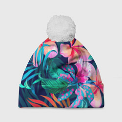 Шапка c помпоном Яркие тропические цветы Лето