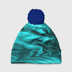 Шапка с помпоном Неоновый бирюзовый мраморный узор, цвет: 3D-тёмно-синий