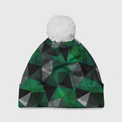 Шапка c помпоном Зеленый, серый и черный геометрический