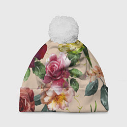 Шапка c помпоном Цветы Нарисованные Красные Розы и Лилии