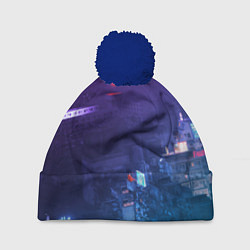 Шапка с помпоном Stray город неон, цвет: 3D-тёмно-синий