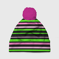 Шапка c помпоном Полосаты узор в зелено-розовых оттенках на черном