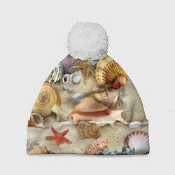 Шапка с помпоном Морские раковины, кораллы, морские звёзды на песке, цвет: 3D-белый