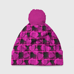 Шапка с помпоном Black and pink hearts pattern on checkered, цвет: 3D-малиновый