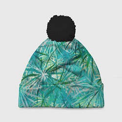 Шапка с помпоном Тропические листья на зеленом фоне, цвет: 3D-черный