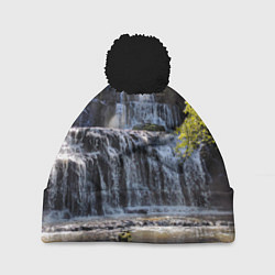Шапка с помпоном Водопад, солнечные лучи и лес, цвет: 3D-черный
