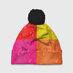 Шапка с помпоном Капли дождя на цветных подложках - паттерн, цвет: 3D-черный