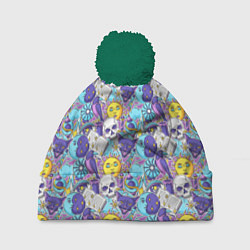 Шапка с помпоном Череп и солнце, цвет: 3D-зеленый