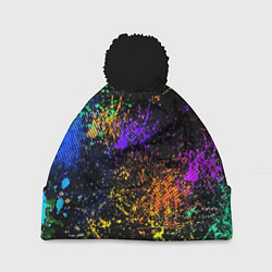 Шапка с помпоном Абстрактные брызги краски, цвет: 3D-черный