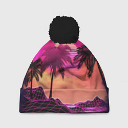 Шапка с помпоном Пальмы и пляж в розовом закате ретро дизайн, цвет: 3D-черный