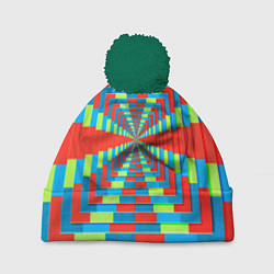 Шапка с помпоном Разноцветный туннель - оптическая иллюзия, цвет: 3D-зеленый