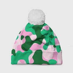 Шапка c помпоном Абстрактные зелёно-розовые пятна