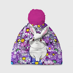 Шапка с помпоном Веселый кролик в цветах, цвет: 3D-малиновый