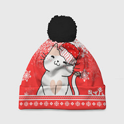 Шапка c помпоном Новогодний милый котик