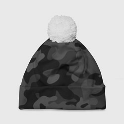 Шапка с помпоном Черный ночной камуфляж, цвет: 3D-белый