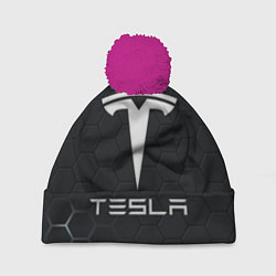 Шапка с помпоном Tesla логотип - матовое стекло, цвет: 3D-малиновый