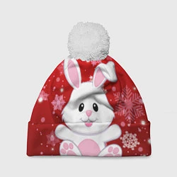 Шапка с помпоном Весёлый кролик в снежинках, цвет: 3D-белый