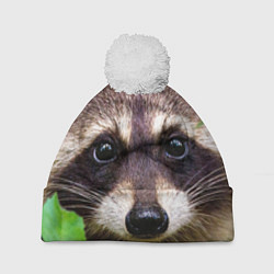 Шапка с помпоном Енот выглядывает, цвет: 3D-белый