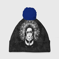 Шапка с помпоном Готическая девушка и округлый орнамент с черепами, цвет: 3D-тёмно-синий