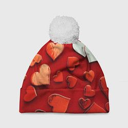 Шапка c помпоном Красные сердца на красном фоне