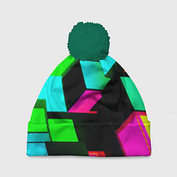 Шапка с помпоном Неоновые светящиеся кубики, цвет: 3D-зеленый
