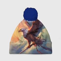 Шапка с помпоном Орел с мечом в облаках на закате, цвет: 3D-тёмно-синий