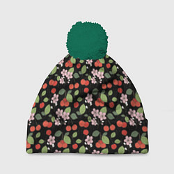 Шапка с помпоном Паттерн цветы и вишня, цвет: 3D-зеленый
