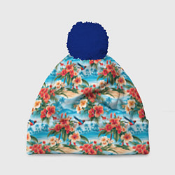 Шапка с помпоном Гавайский стиль летние цветы, цвет: 3D-тёмно-синий
