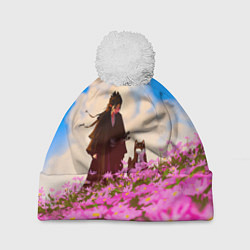 Шапка с помпоном Девушка самурай и сиба ину, цвет: 3D-белый