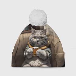 Шапка с помпоном Кот сидит на диване с напитком, цвет: 3D-белый
